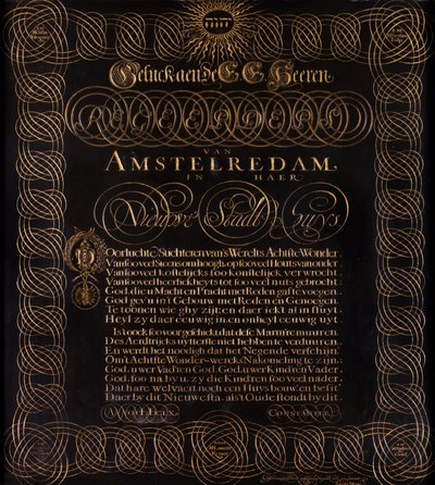 Engraved Poem by C. Huygens- Geluck aen de E.E. Heeren Regeerders van Amstelredam by Elias Noski